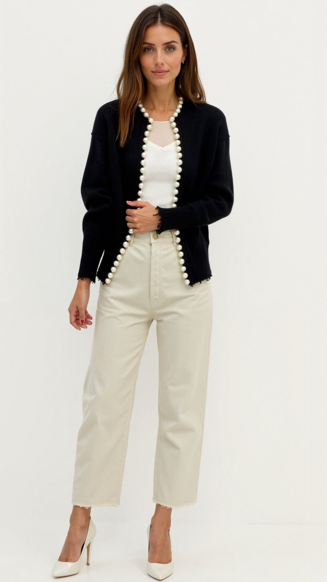 Caroline Pearl Trim Knit Cardigan